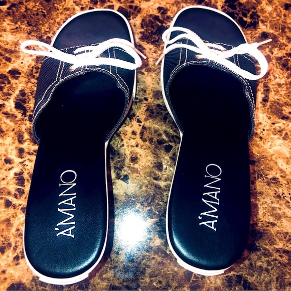 A’MANO Sandals heels Slides Sneaker style w laces Navy & White Size 9 Amazing - Picture 2 of 10